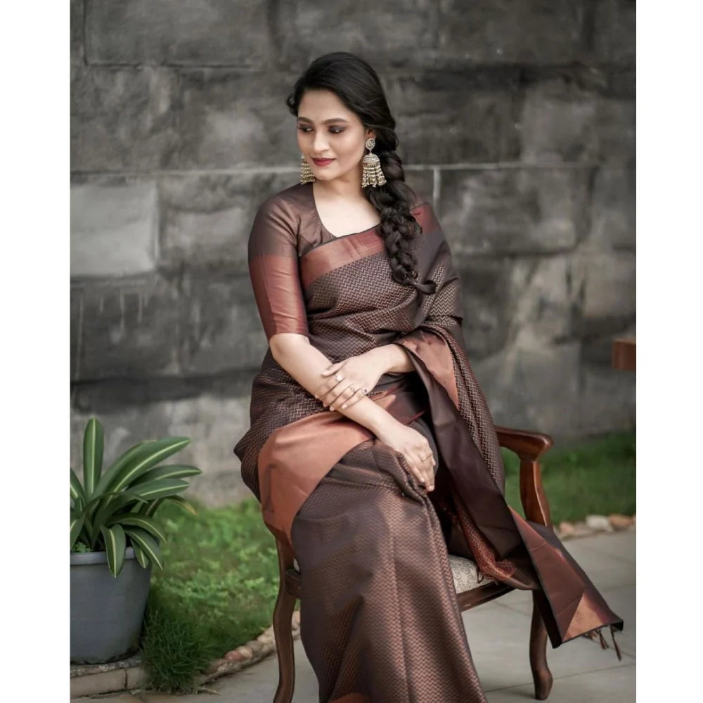 Women's Soft Lichi Silk Printed Saree With Unstitched Blouse 5.5Mtr (Brown)