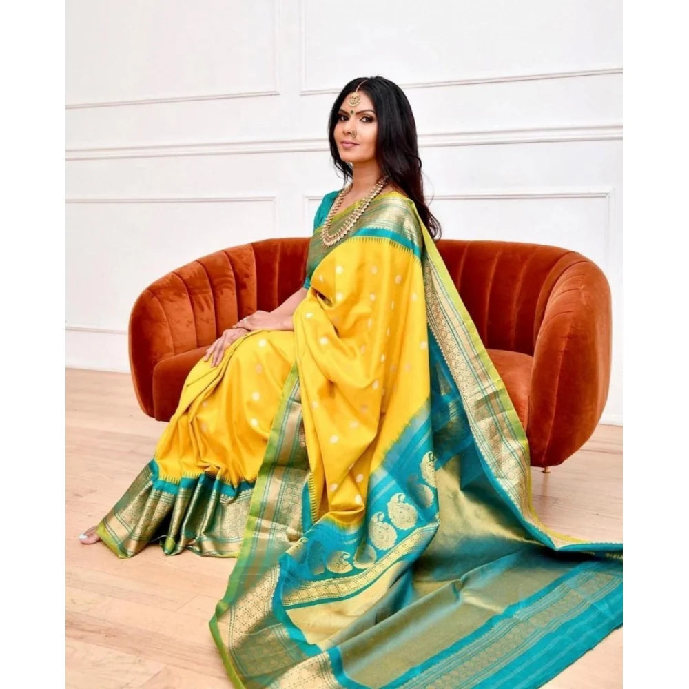 Women's Soft Lichi Silk Printed Saree With Unstitched Blouse 5.5Mtr (Yellow)