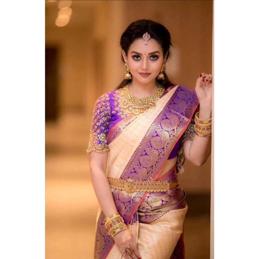 Women's Soft Lichi Silk Printed Saree With Unstitched Blouse 5.5Mtr (Purple)