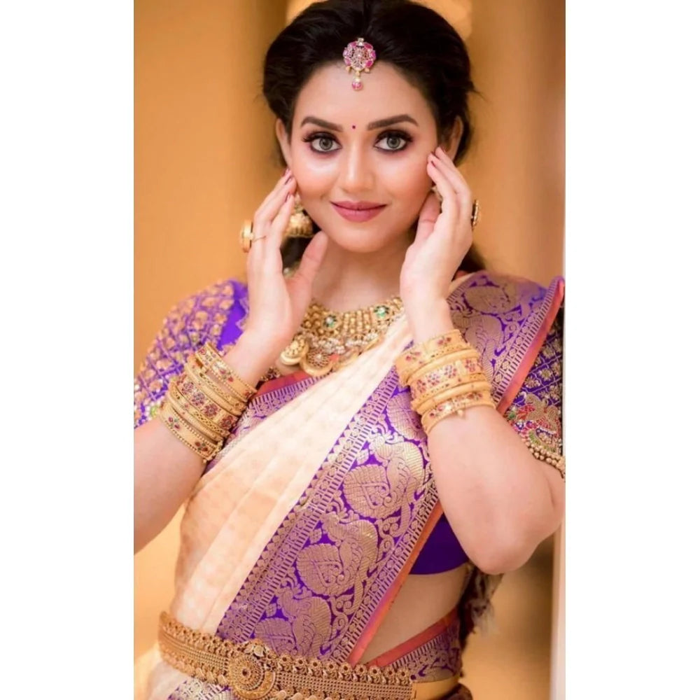 Women's Soft Lichi Silk Printed Saree With Unstitched Blouse 5.5Mtr (Purple)