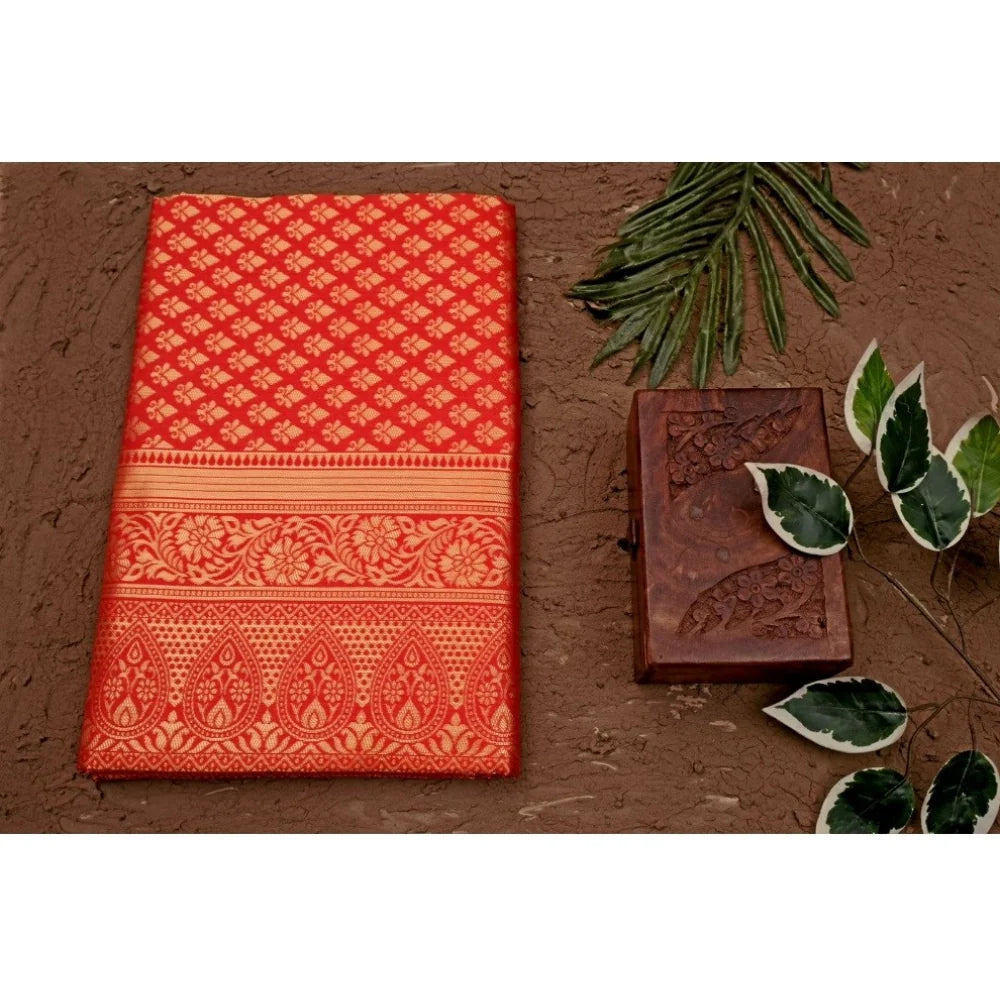 Women's Soft Lichi Silk Printed Saree With Unstitched Blouse 5.5Mtr (Red)