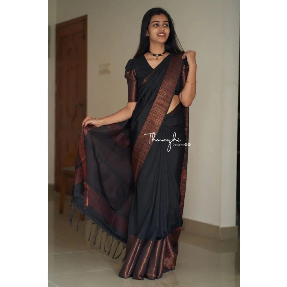 Women's Soft Lichi Silk Solid Saree With Unstitched Blouse 5.5Mtr (Black)