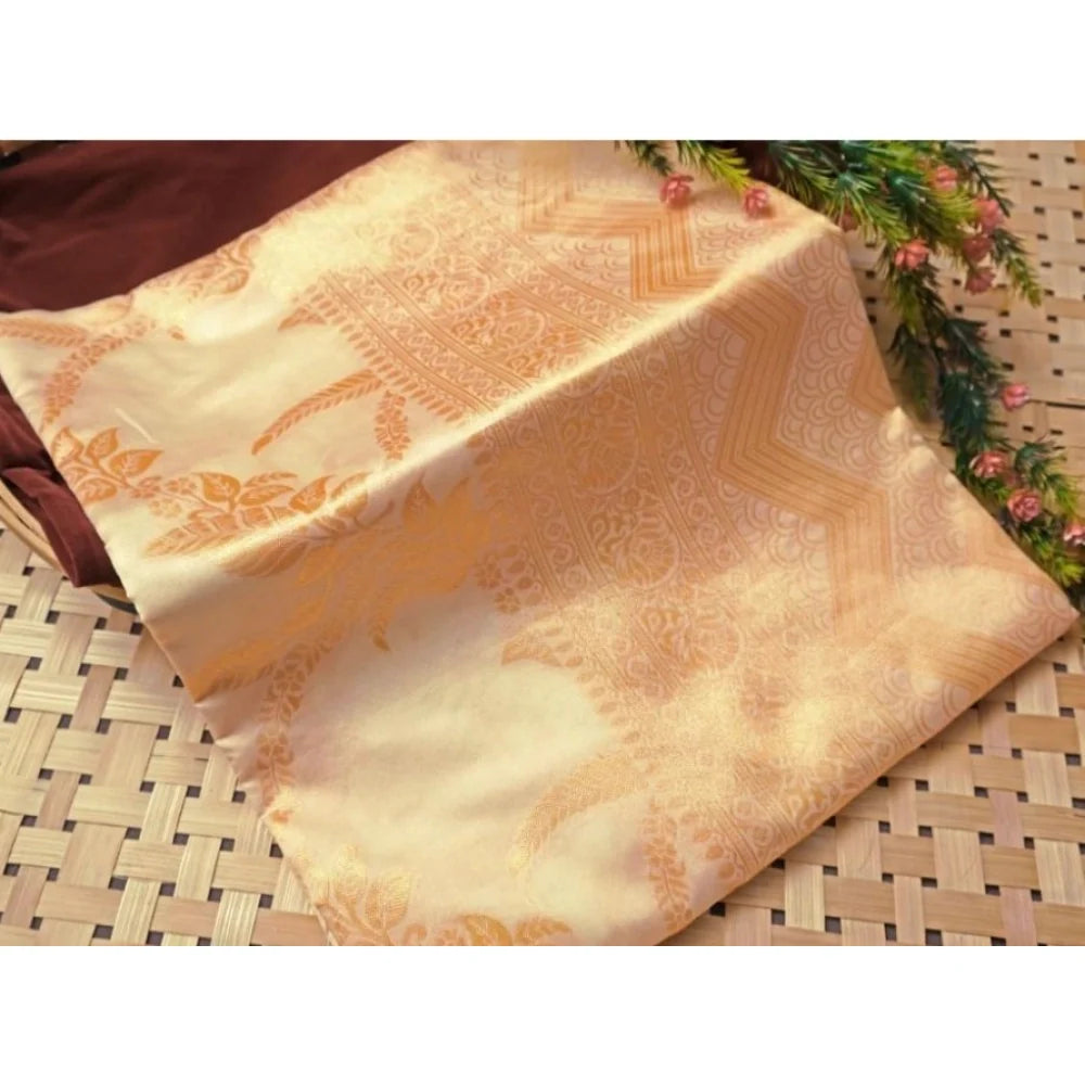 Women's Soft Lichi Silk Printed Saree With Unstitched Blouse 5.5Mtr (Golden)