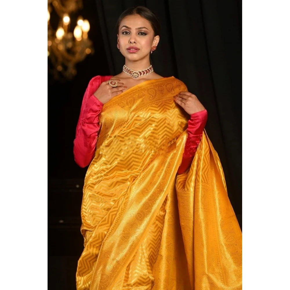 Women's Soft Lichi Silk Woven Saree With Unstitched Blouse 5.5Mtr (Yellow)