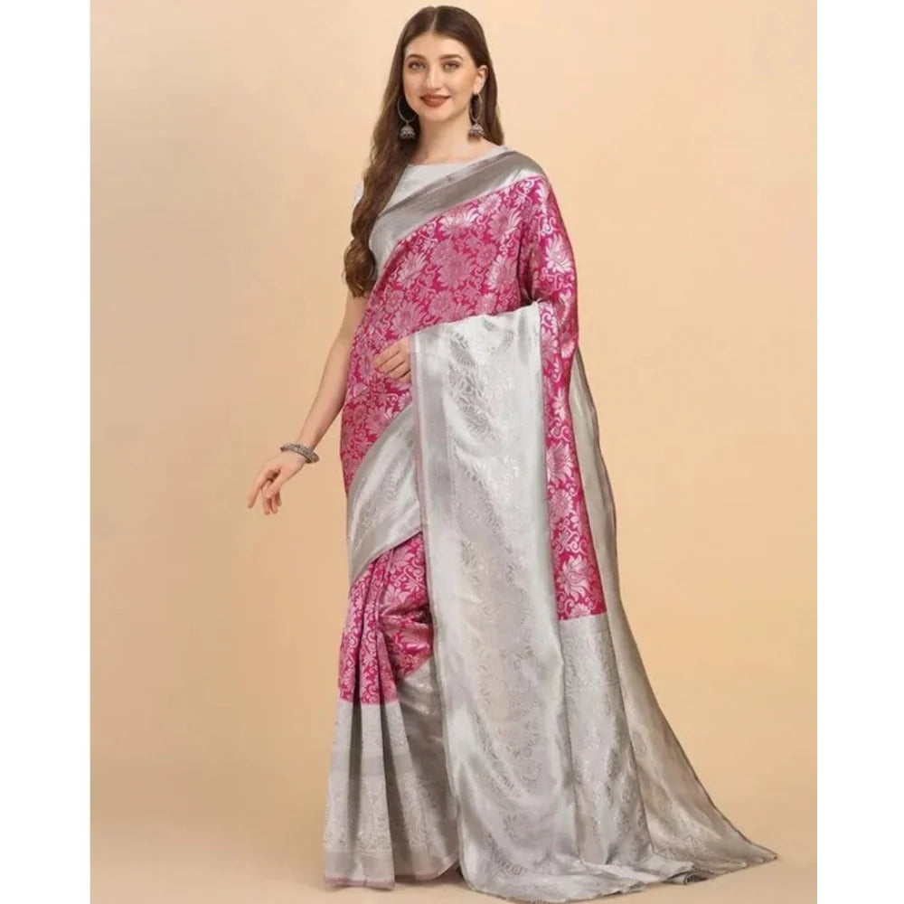 Women's Soft Lichi Silk Printed Saree With Unstitched Blouse 5.5Mtr (Pink)