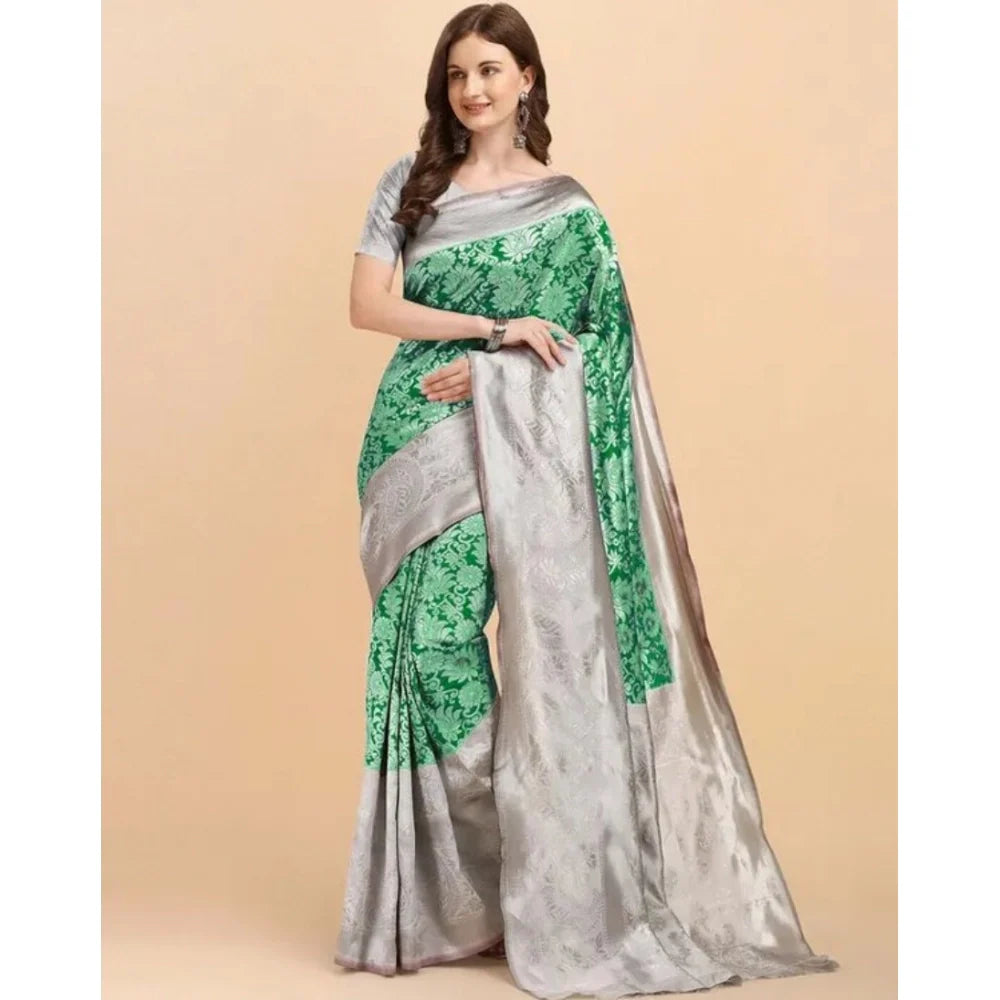 Women's Soft Lichi Silk Printed Saree With Unstitched Blouse 5.5Mtr (Green)