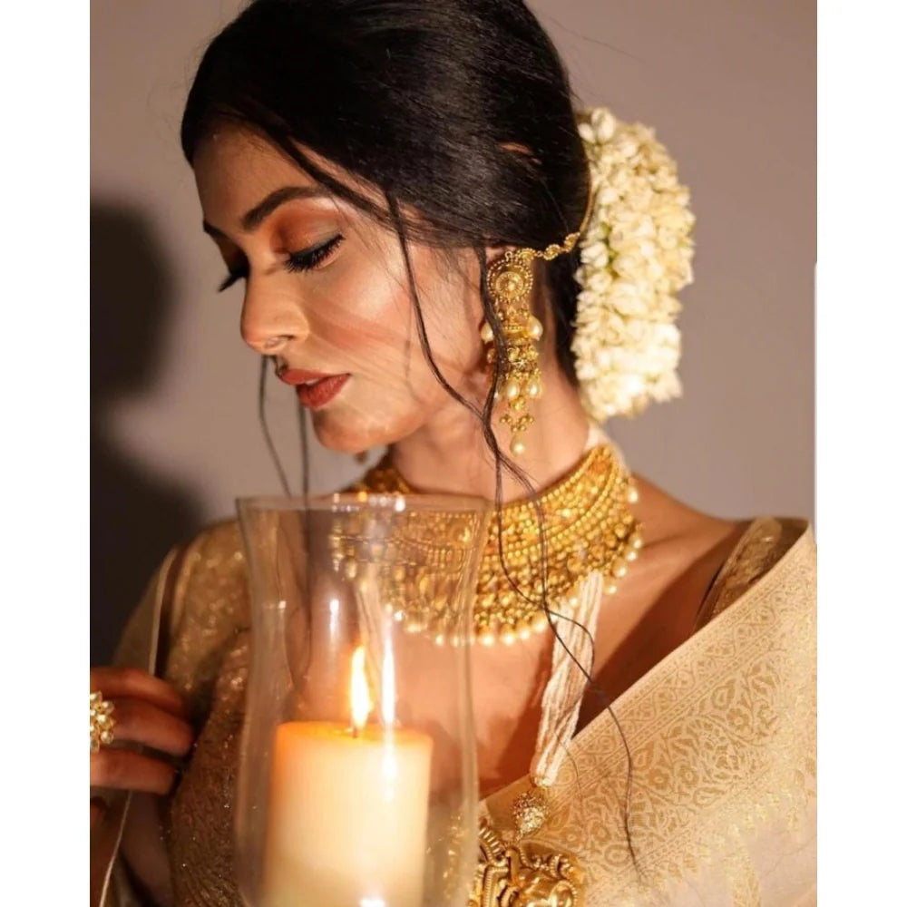 Women's Soft Lichi Silk Printed Saree With Unstitched Blouse 5.5Mtr (Golden)