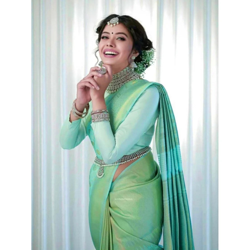 Women's Soft Lichi Silk Printed Saree With Unstitched Blouse 5.5Mtr (Light Green)