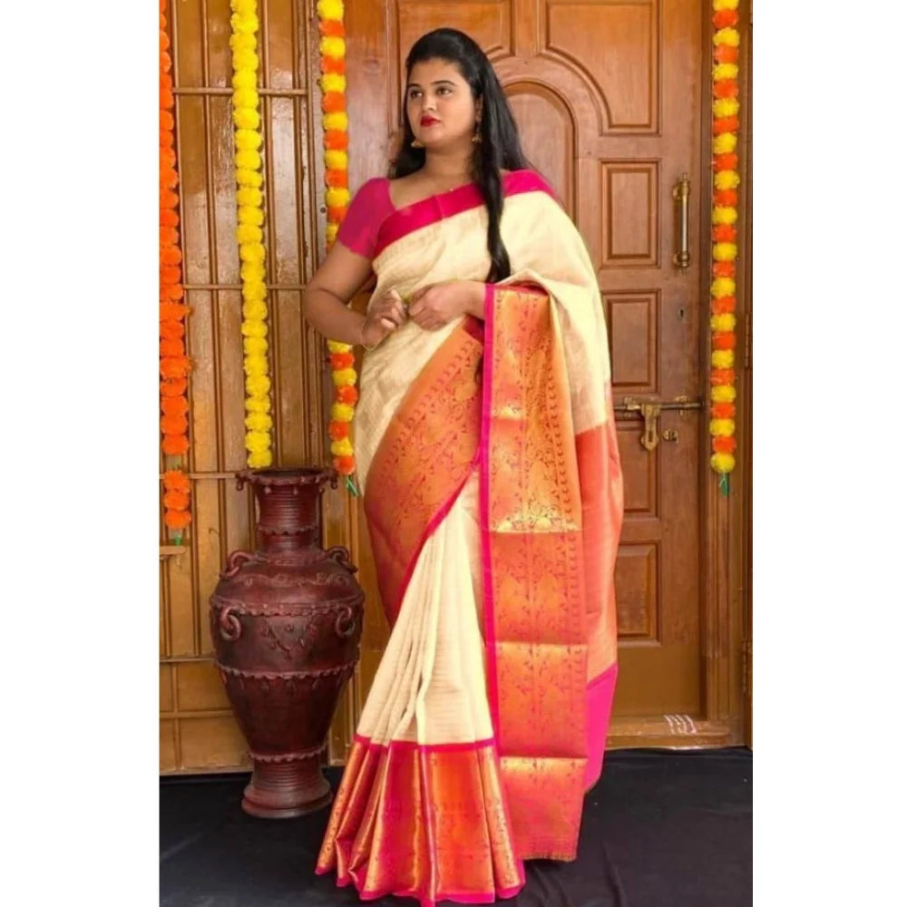 Women's Soft Lichi Silk Printed Saree With Unstitched Blouse 5.5Mtr (Cream)