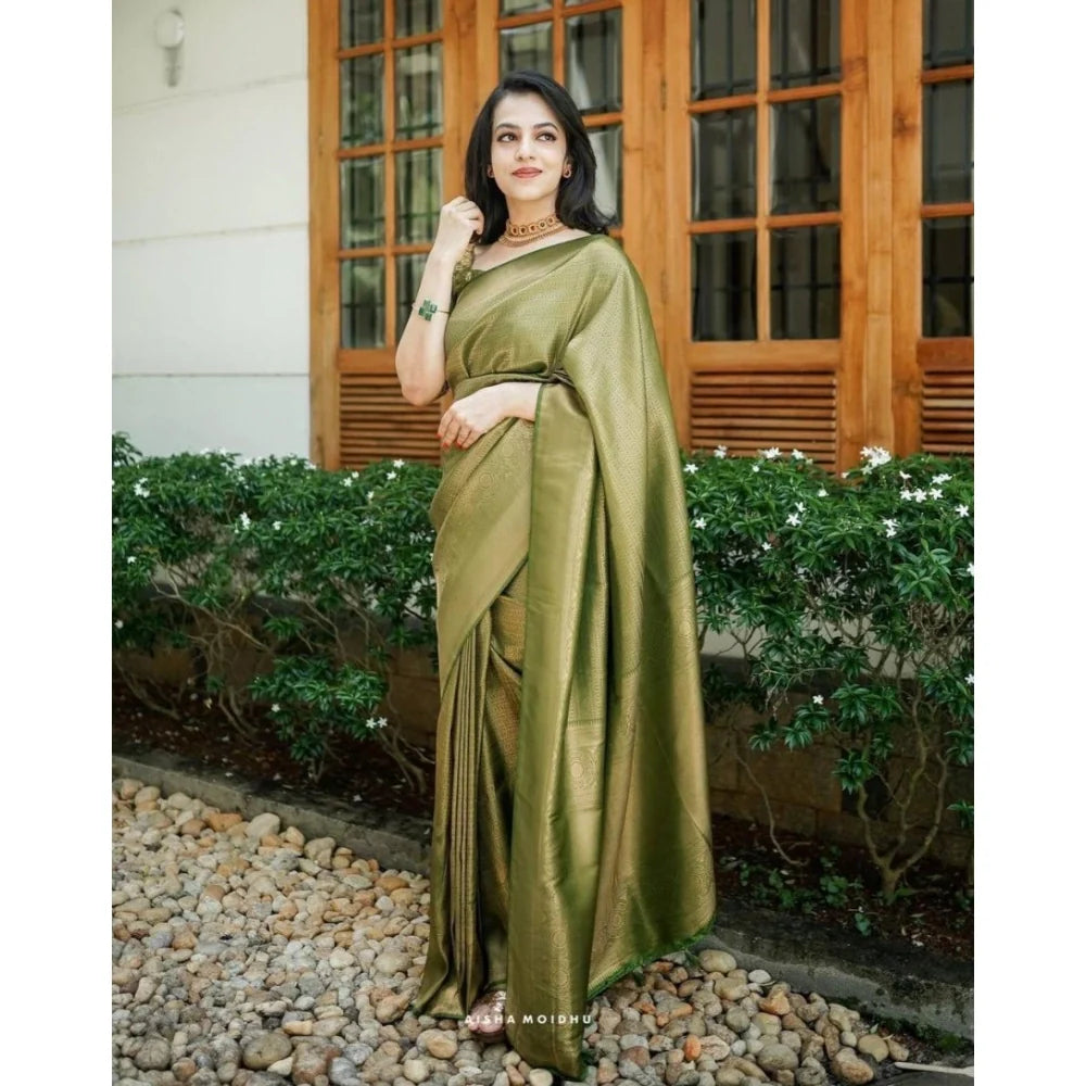 Women's Soft Lichi Silk Printed Saree With Unstitched Blouse 5.5Mtr (Green)
