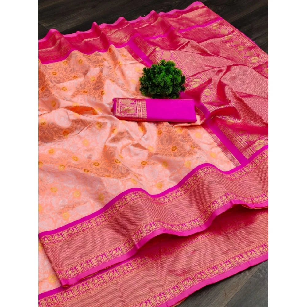 Women's Soft Lichi Silk Printed Saree With Unstitched Blouse 5.5Mtr (Pink)
