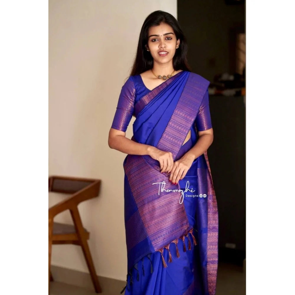 Women's Soft Lichi Silk Solid Saree With Unstitched Blouse 5.5Mtr (Blue)
