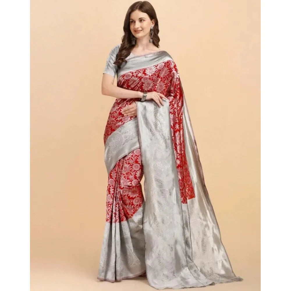 Women's Soft Lichi Silk Printed Saree With Unstitched Blouse 5.5Mtr (Red)
