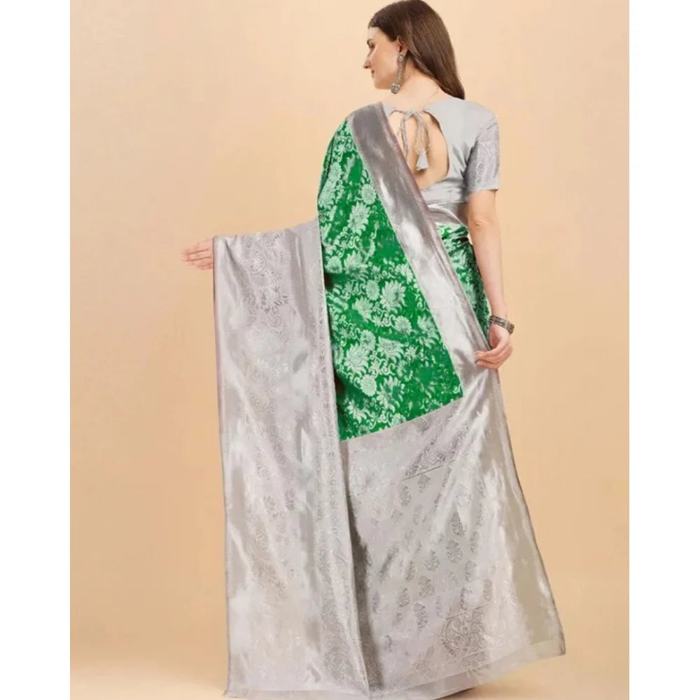 Women's Soft Lichi Silk Printed Saree With Unstitched Blouse 5.5Mtr (Green)