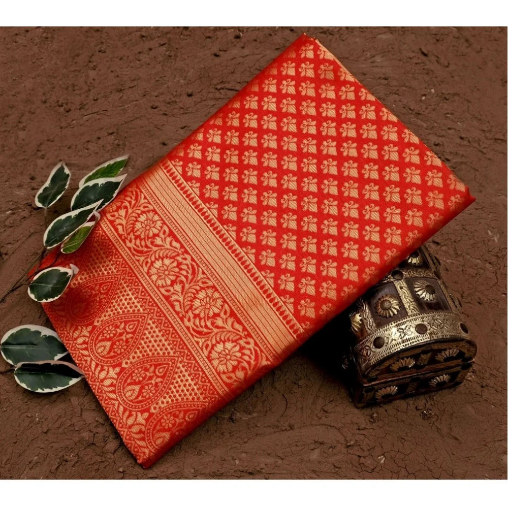 Women's Soft Lichi Silk Printed Saree With Unstitched Blouse 5.5Mtr (Red)