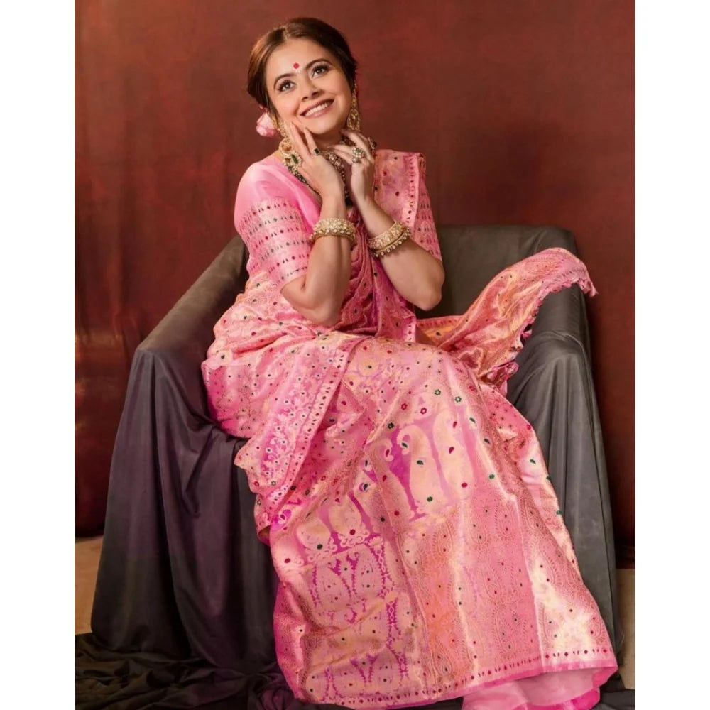 Women's Soft Lichi Silk Printed Saree With Unstitched Blouse 5.5Mtr (Pink)