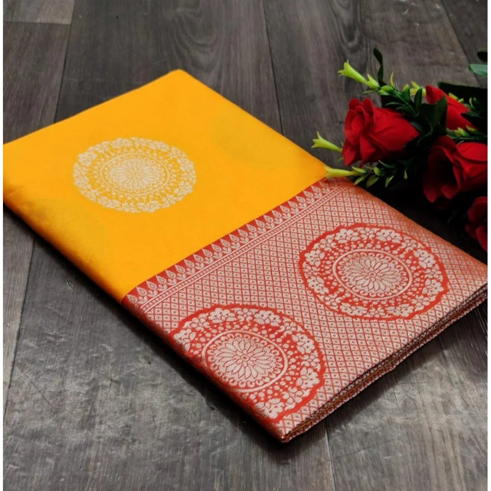 Women's Soft Lichi Silk Printed Saree With Unstitched Blouse 5.5Mtr (Yellow)