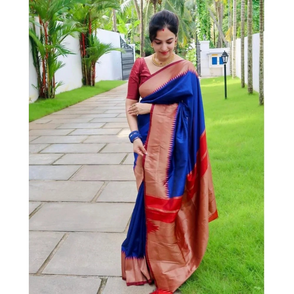 Women's Soft Lichi Silk Solid Saree With Unstitched Blouse 5.5Mtr (Blue)