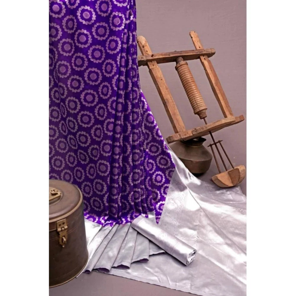 Women's Soft Lichi Silk Printed Saree With Unstitched Blouse 5.5Mtr (Purple)