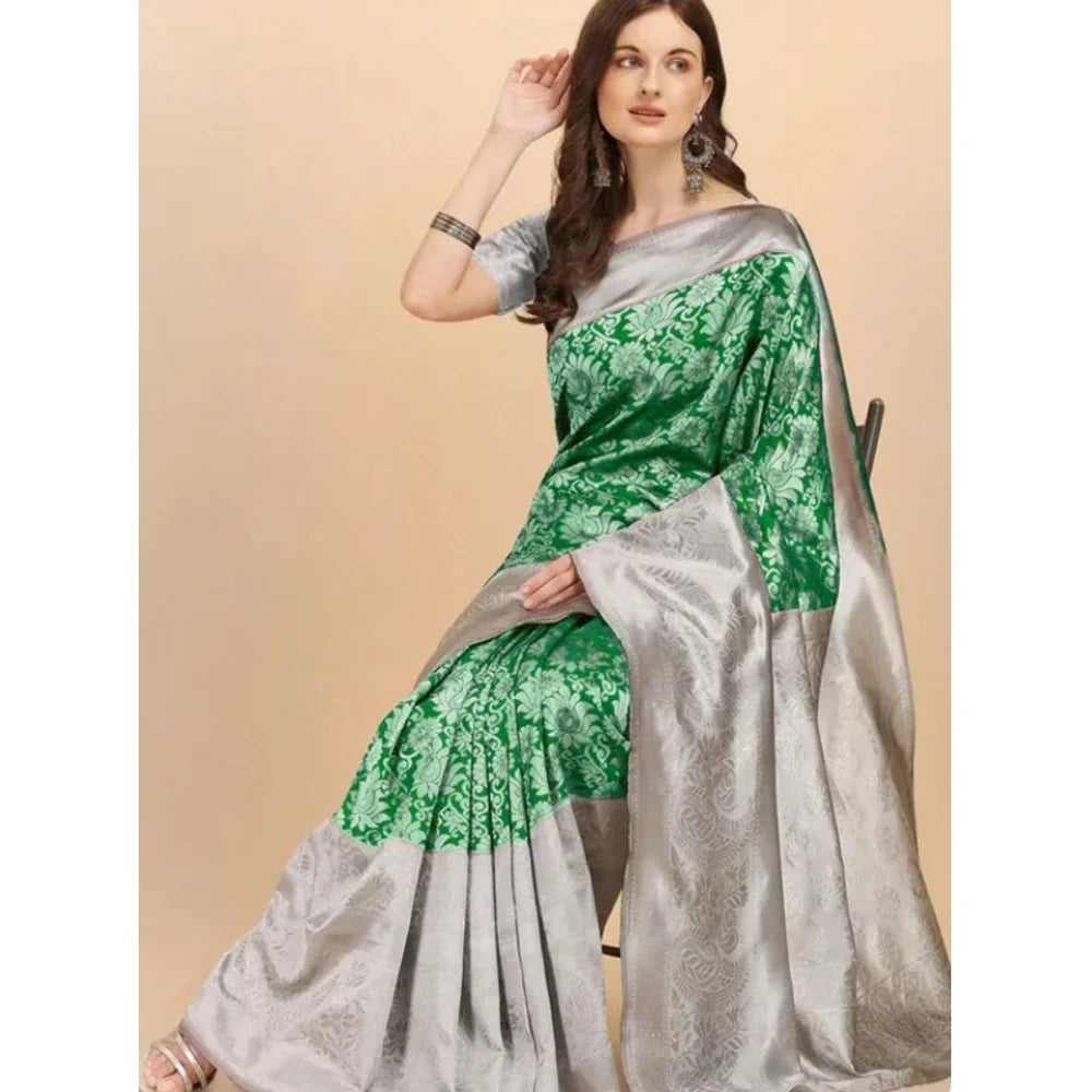 Women's Soft Lichi Silk Printed Saree With Unstitched Blouse 5.5Mtr (Green)