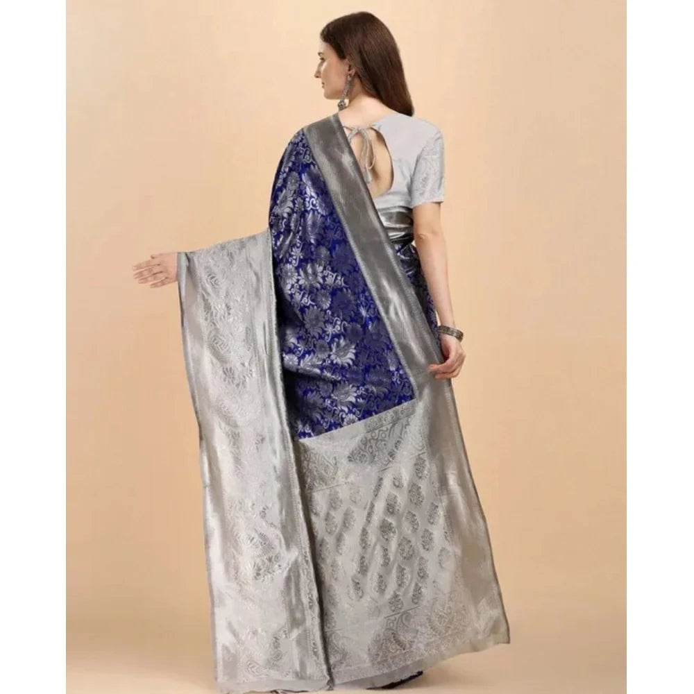 Women's Soft Lichi Silk Printed Saree With Unstitched Blouse 5.5Mtr (Blue)