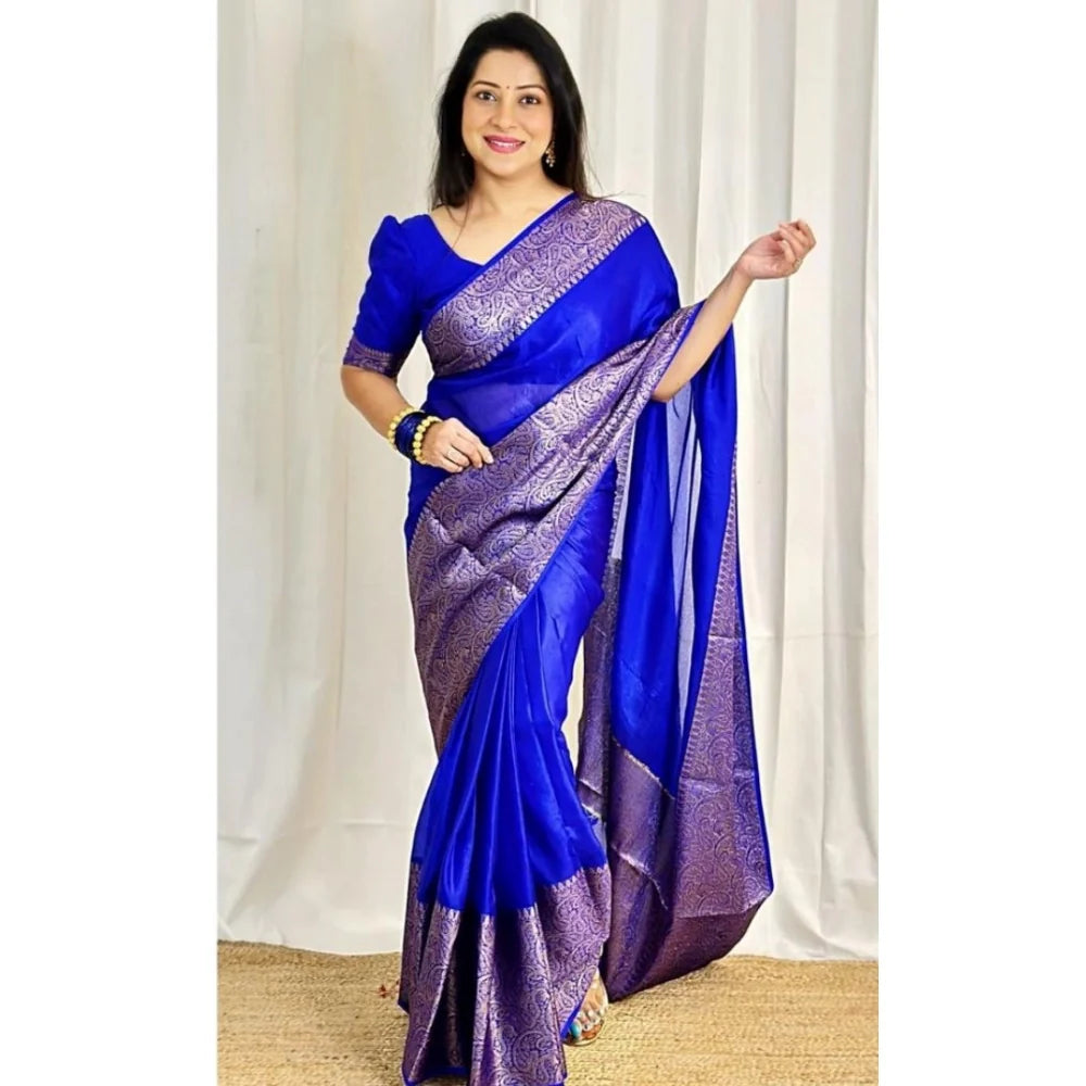 Women's Soft Lichi Silk Solid Saree With Unstitched Blouse 5.5Mtr (Blue)