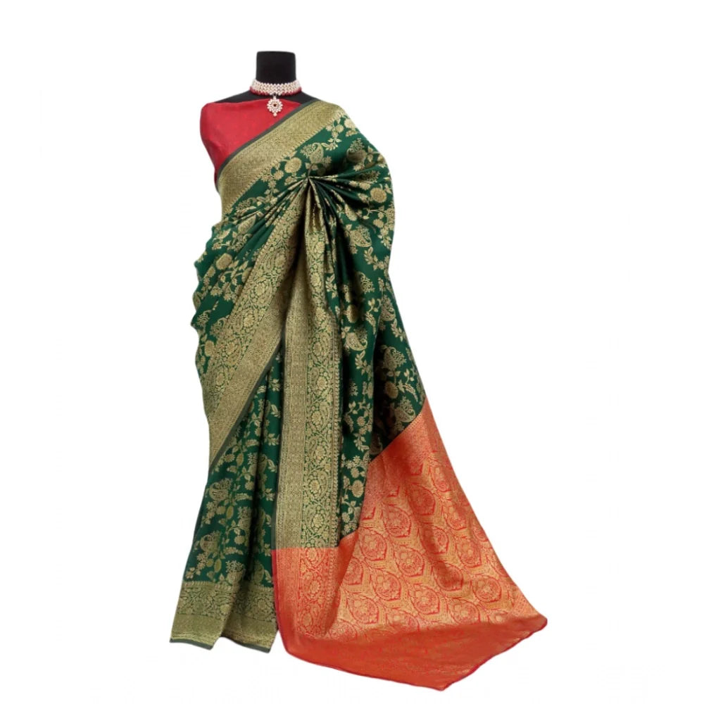 Women's Banarasi Printed Saree With Unstitched Blouse 5.5Mtr (Green)
