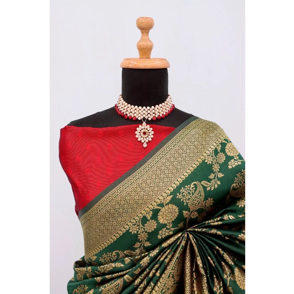 Women's Banarasi Printed Saree With Unstitched Blouse 5.5Mtr (Green)