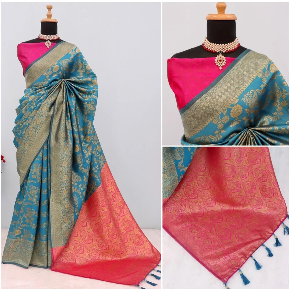 Women's Banarasi Printed Saree With Unstitched Blouse 5.5Mtr (Aqua Blue)
