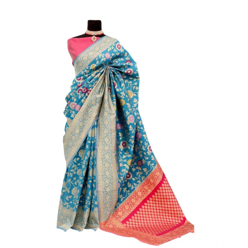 Women's Banarasi Printed Saree With Unstitched Blouse 5.5Mtr (Aqua Blue)