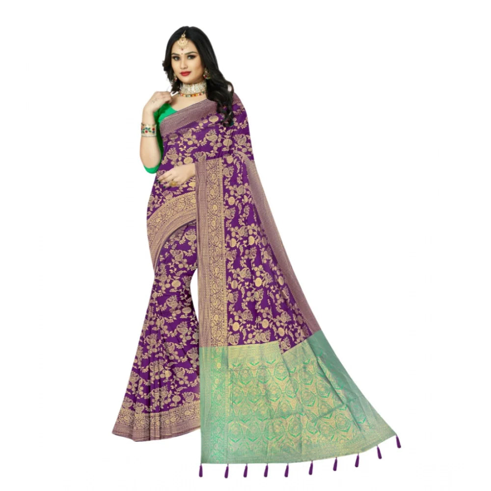 Women's Banarasi Printed Saree With Unstitched Blouse 5.5Mtr (Purple)