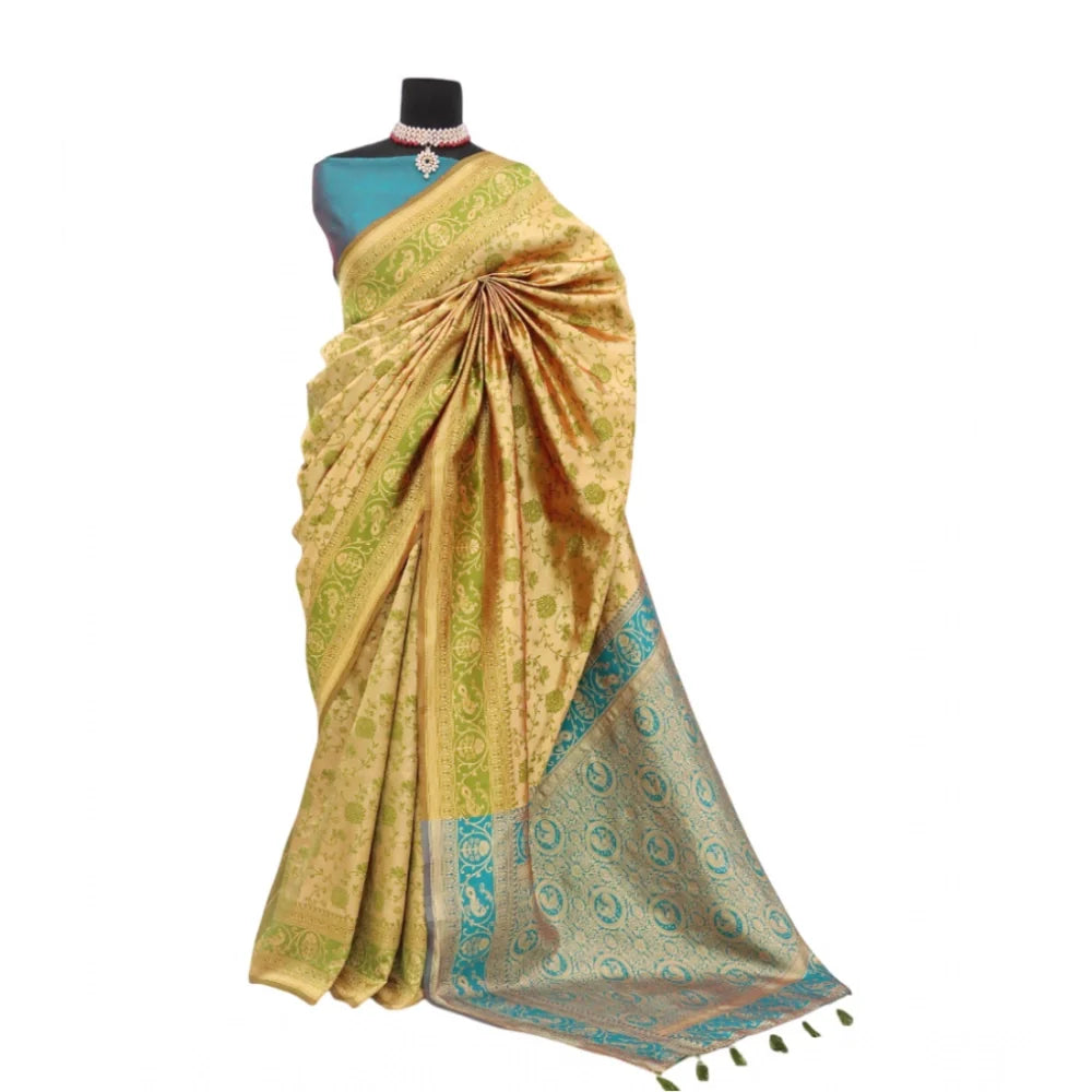 Women's Banarasi Printed Saree With Unstitched Blouse 5.5Mtr (Golden)