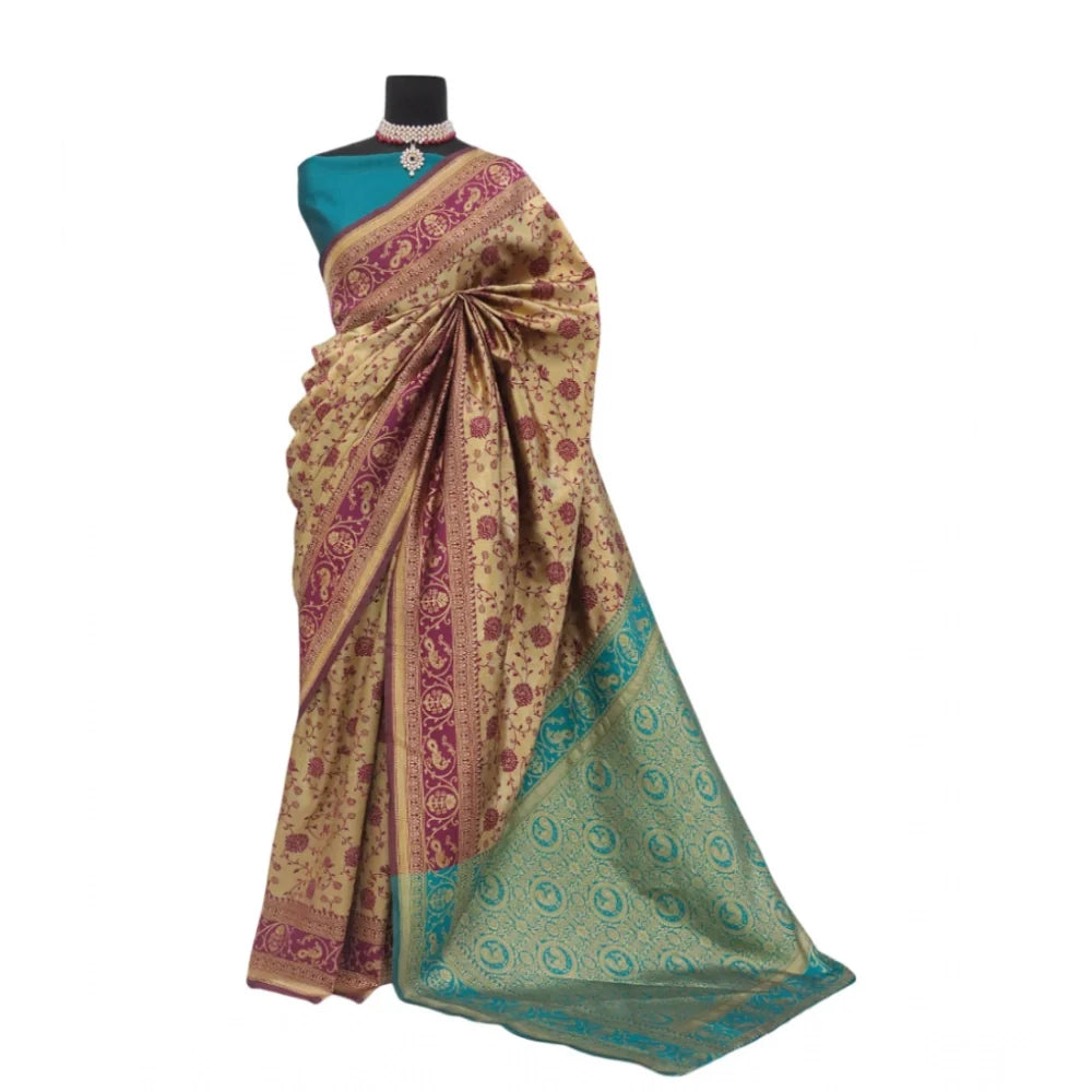 Women's Banarasi Printed Saree With Unstitched Blouse 5.5Mtr (Purple)