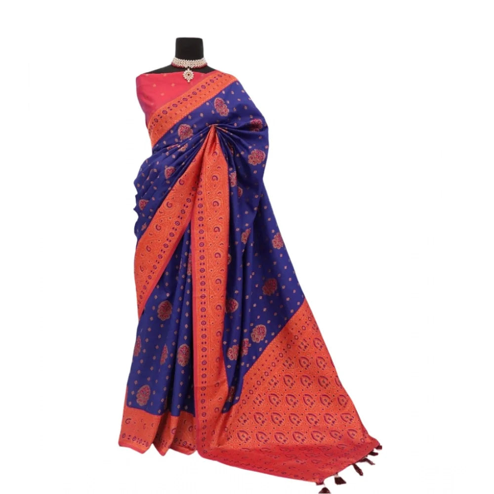 Women's Banarasi Printed Saree With Unstitched Blouse 5.5Mtr (Navy Blue)