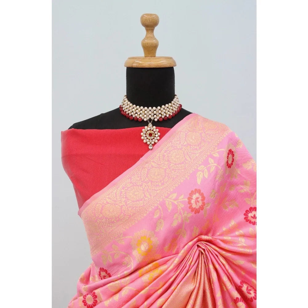 Women's Banarasi Printed Saree With Unstitched Blouse 5.5Mtr (Pink)