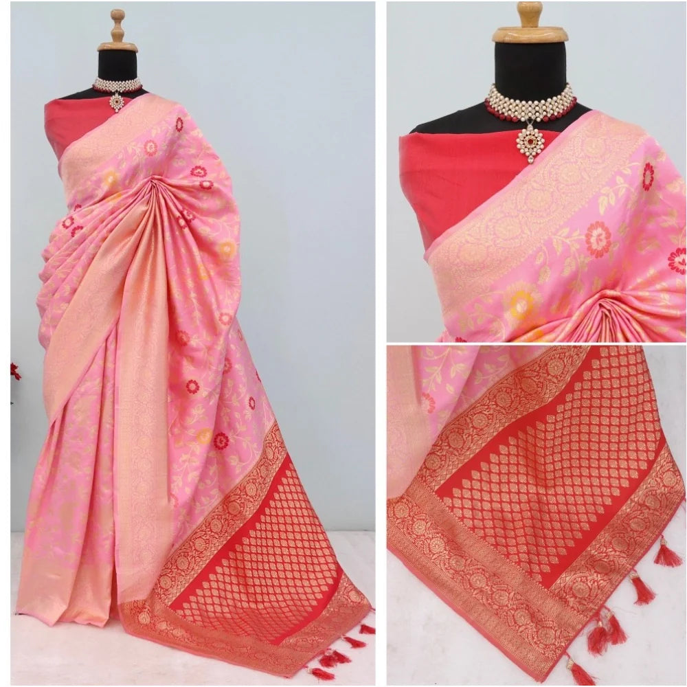 Women's Banarasi Printed Saree With Unstitched Blouse 5.5Mtr (Pink)