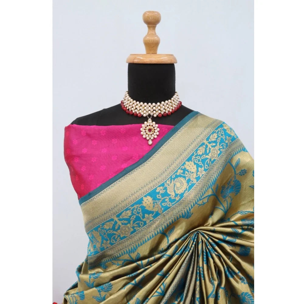 Women's Banarasi Printed Saree With Unstitched Blouse 5.5Mtr (Golden)
