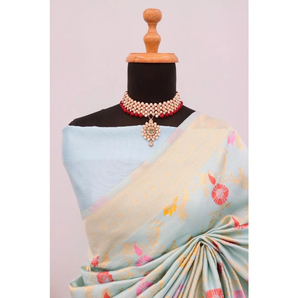 Women's Banarasi Printed Saree With Unstitched Blouse 5.5Mtr (Firozi)
