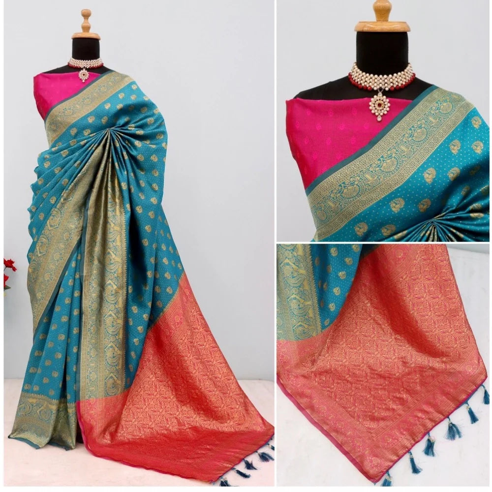 Women's Banarasi Printed Saree With Unstitched Blouse 5.5Mtr (Aqua Blue)