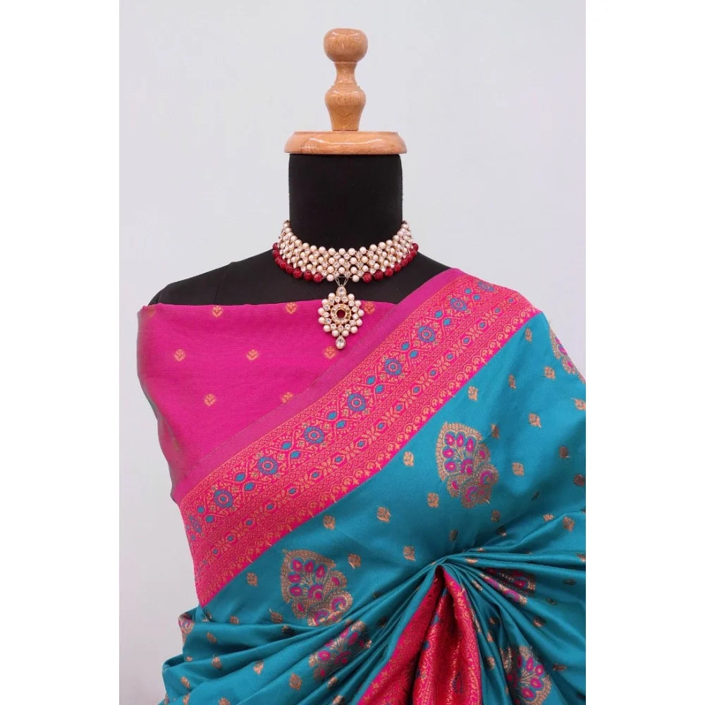 Women's Banarasi Printed Saree With Unstitched Blouse 5.5Mtr (Aqua Blue)
