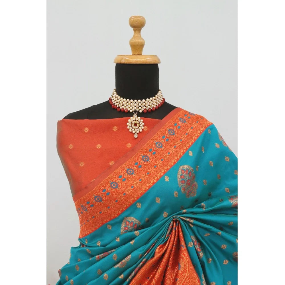 Women's Banarasi Printed Saree With Unstitched Blouse 5.5Mtr (Rama)