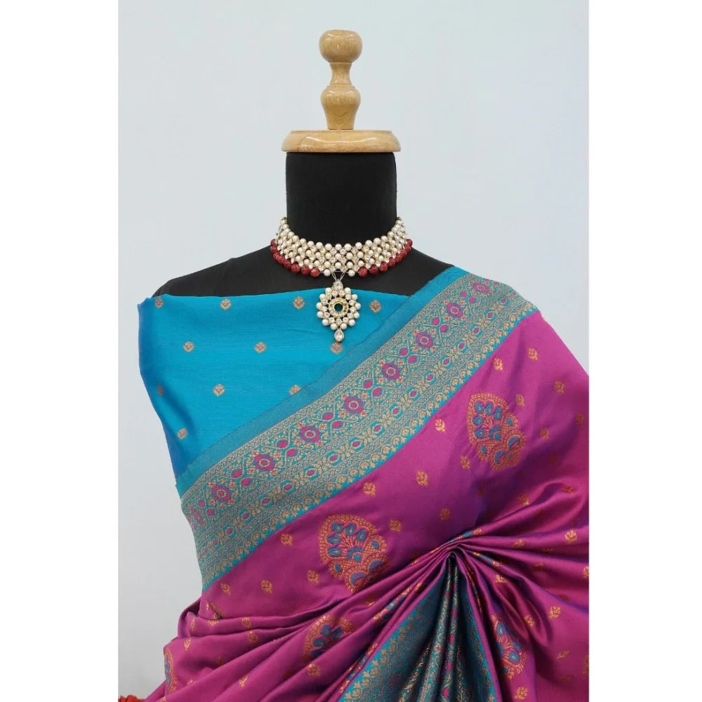 Women's Banarasi Printed Saree With Unstitched Blouse 5.5Mtr (Purple)