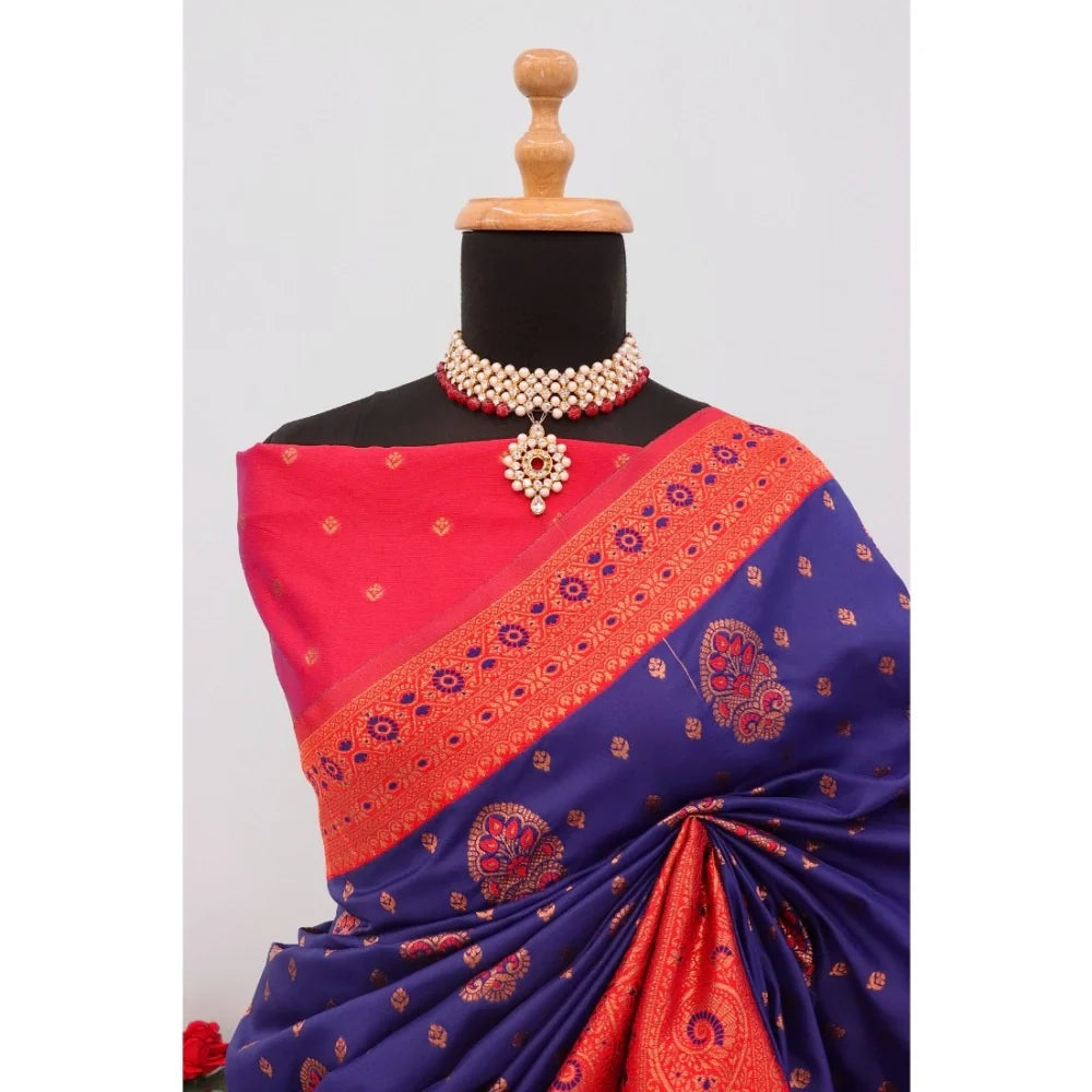 Women's Banarasi Printed Saree With Unstitched Blouse 5.5Mtr (Navy Blue)