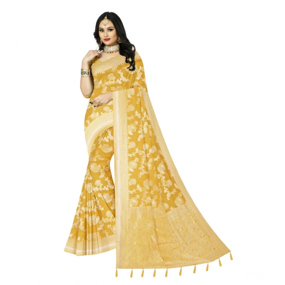 Women's Cotton Printed Saree With Unstitched Blouse 5.5Mtr (Yellow)