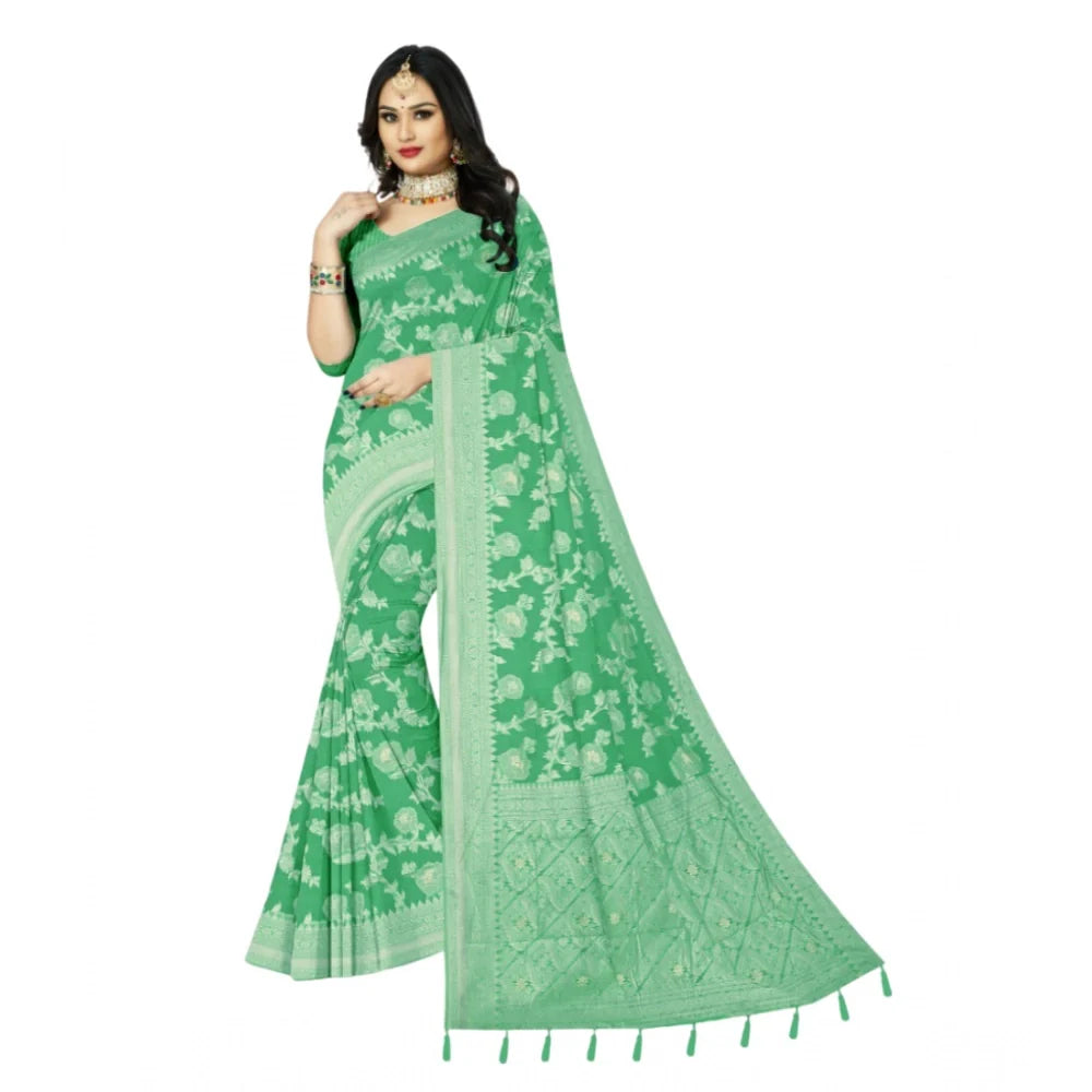 Women's Cotton Printed Saree With Unstitched Blouse 5.5Mtr (Rama)