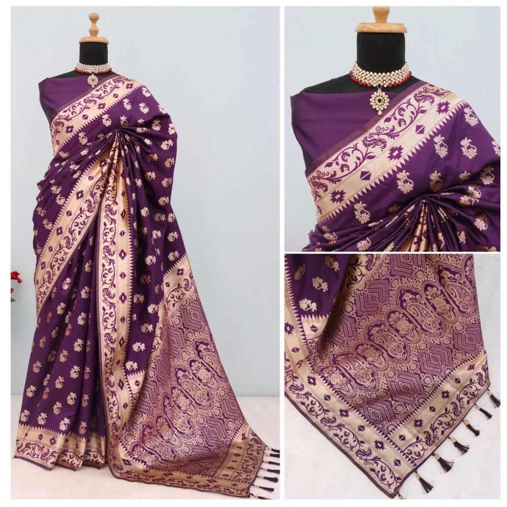 Women's Satin Printed Saree With Unstitched Blouse 5.5Mtr (Purple)
