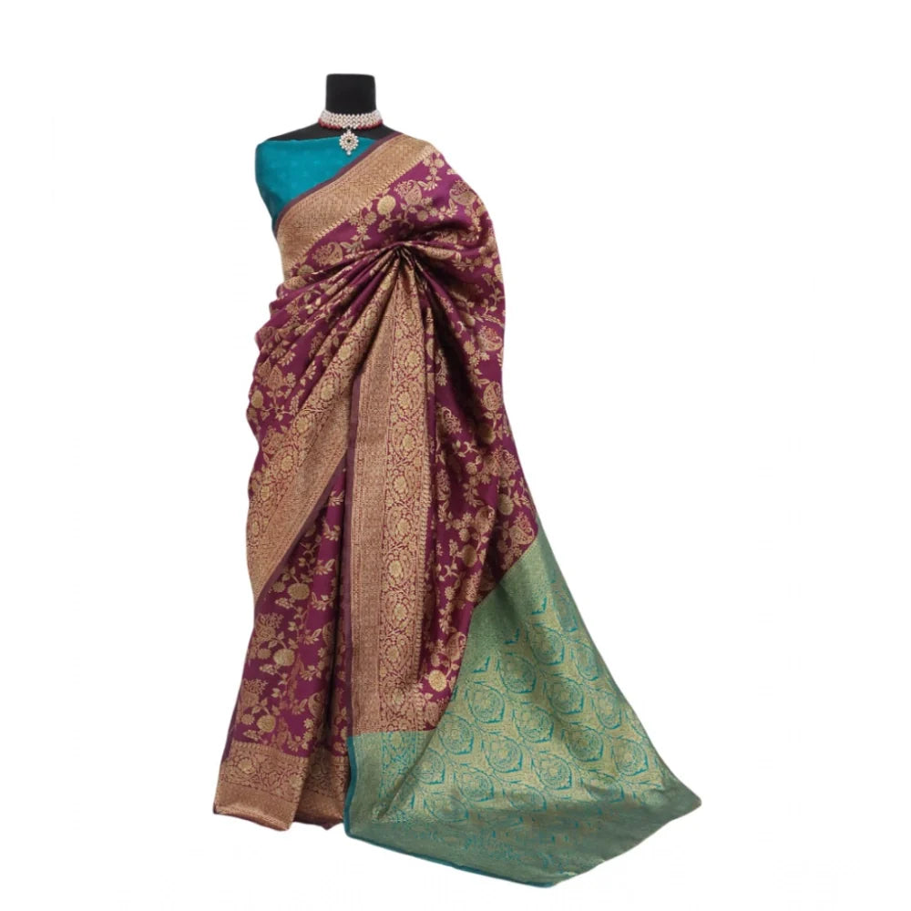 Women's Banarasi Printed Saree With Unstitched Blouse 5.5Mtr (Purple)