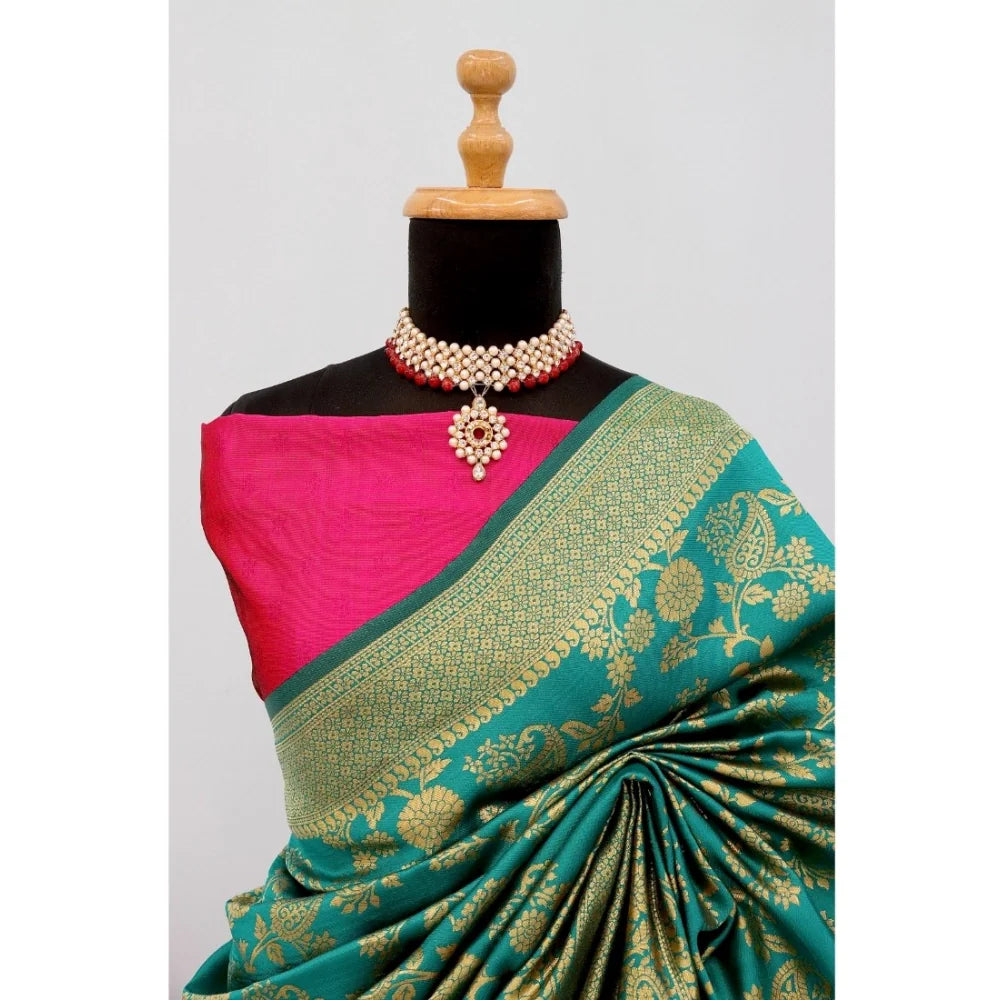 Women's Banarasi Printed Saree With Unstitched Blouse 5.5Mtr (Rama)