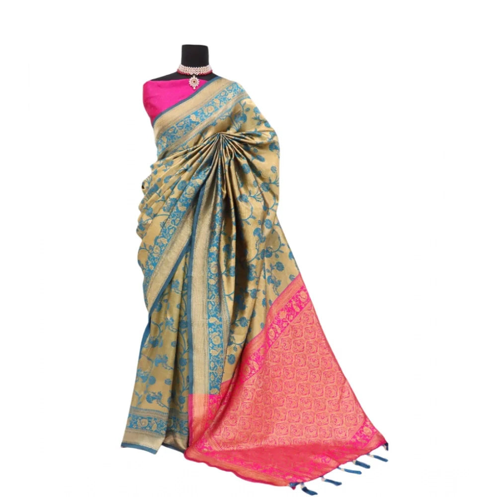 Women's Banarasi Printed Saree With Unstitched Blouse 5.5Mtr (Golden)