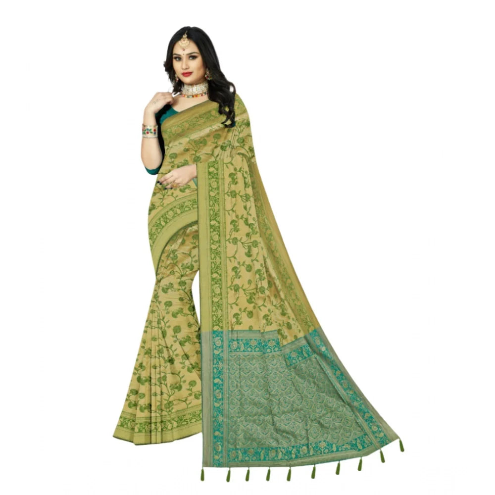 Women's Banarasi Printed Saree With Unstitched Blouse 5.5Mtr (Green)